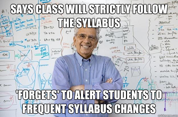 Says class will strictly follow the syllabus 'Forgets' to alert students to frequent syllabus changes - Says class will strictly follow the syllabus 'Forgets' to alert students to frequent syllabus changes  Engineering Professor