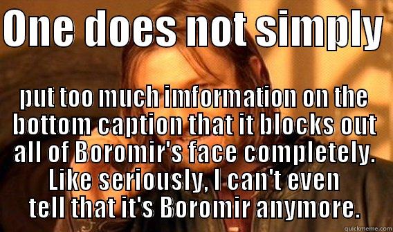 ONE DOES NOT SIMPLY  PUT TOO MUCH IMFORMATION ON THE BOTTOM CAPTION THAT IT BLOCKS OUT ALL OF BOROMIR'S FACE COMPLETELY. LIKE SERIOUSLY, I CAN'T EVEN TELL THAT IT'S BOROMIR ANYMORE. One Does Not Simply