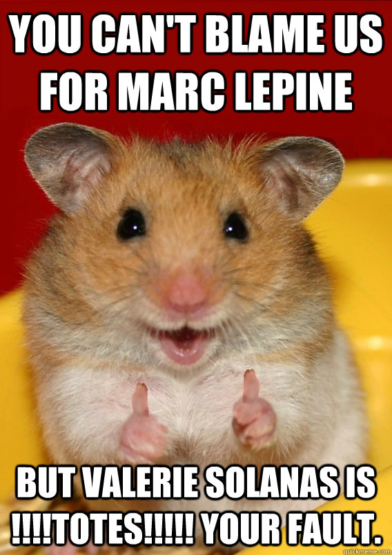 You can't blame us for Marc Lepine But Valerie Solanas is !!!!TOTES!!!!! your fault.  Rationalization Hamster