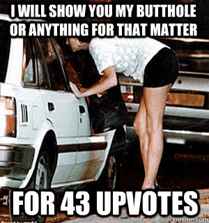 i will show you my butthole or anything for that matter for 43 upvotes  Karma Whore