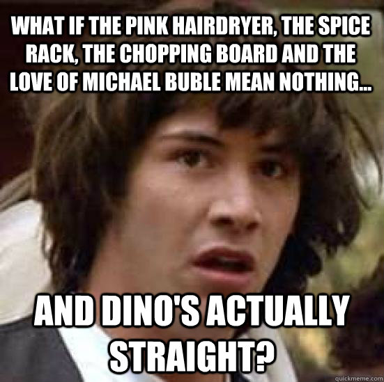 What if the pink hairdryer, the spice rack, the chopping board and the love of Michael Buble mean nothing... And Dino's actually straight?  conspiracy keanu