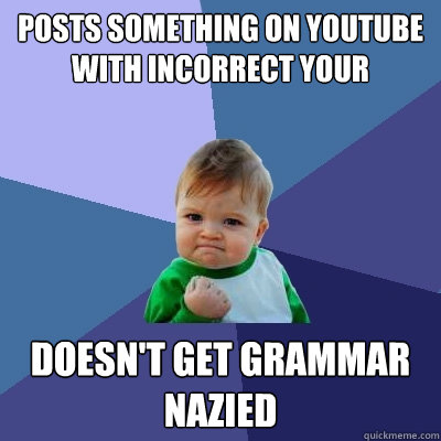 Posts something on youtube with incorrect your Doesn't get grammar nazied   Success Kid