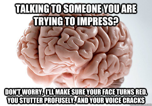 Talking to someone you are trying to impress? Don't worry,  I'll make sure your face turns red, you stutter profusely,  and your voice cracks  Scumbag Brain