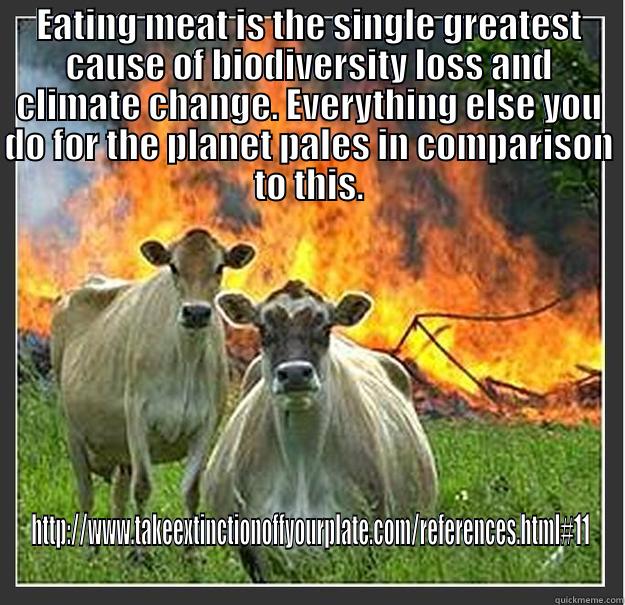 EATING MEAT IS THE SINGLE GREATEST CAUSE OF BIODIVERSITY LOSS AND CLIMATE CHANGE. EVERYTHING ELSE YOU DO FOR THE PLANET PALES IN COMPARISON TO THIS. HTTP://WWW.TAKEEXTINCTIONOFFYOURPLATE.COM/REFERENCES.HTML#11 Evil cows