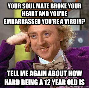 Your soul mate broke your heart and you're embarrassed you're a virgin? Tell me again about how hard being a 12 year old is  Condescending Wonka