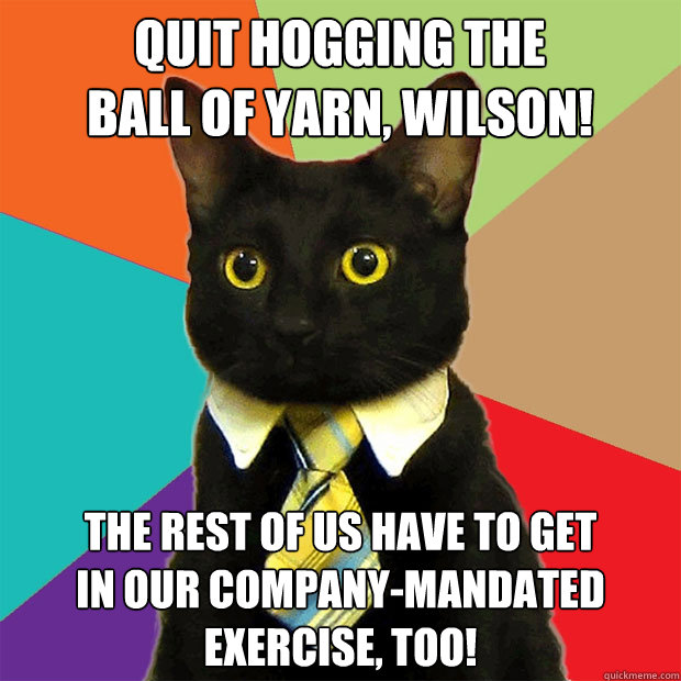 Quit hogging the
ball of yarn, Wilson! The rest of us have to get
in our company-mandated
exercise, too!  Business Cat