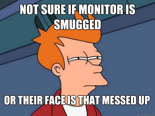 Not sure if monitor is smugged or their face is that messed up  Futurama Fry