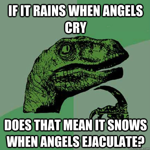 If it rains when angels cry does that mean it snows when angels ejaculate?  Philosoraptor