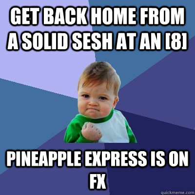 Get back home from a solid sesh at an [8] pineapple express is on fx  Success Kid