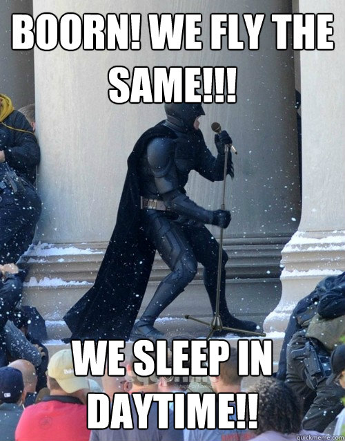 BOORN! We Fly the same!!! We Sleep in daytime!!  Karaoke Batman