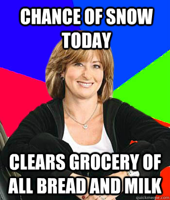 Chance of snow today Clears grocery of all bread and milk  Sheltering Suburban Mom