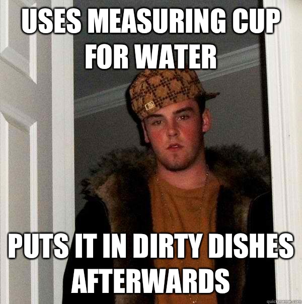 Uses measuring cup for water Puts it in dirty dishes afterwards - Uses measuring cup for water Puts it in dirty dishes afterwards  Scumbag Steve