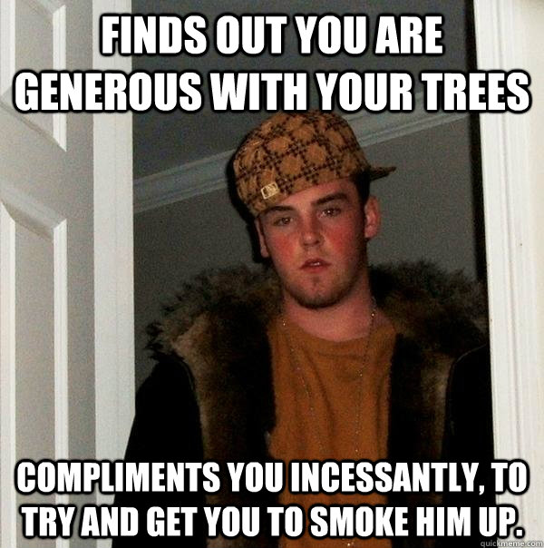 Finds out you are generous with your trees Compliments you incessantly, to try and get you to smoke him up.  Scumbag Steve