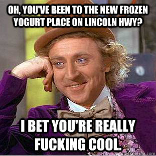 Oh, you've been to the new frozen yogurt place on Lincoln Hwy? i bet you're really fucking cool.  Condescending Wonka