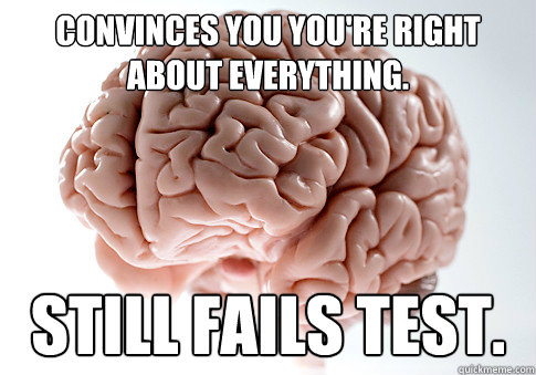 Convinces you you're right about everything.  Still fails test.   Scumbag Brain