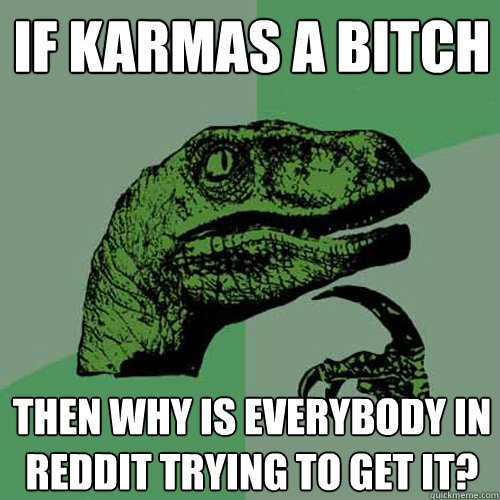 If karmas a bitch ThEn why is everybody in reddit trying to get it?  Philosoraptor