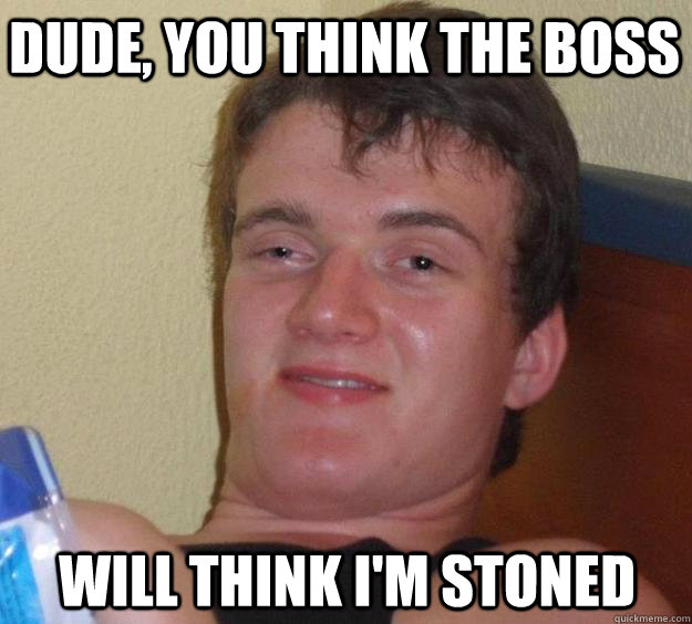 dude, you think the boss will think i'm stoned  10 Guy