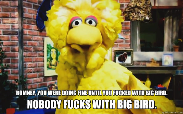 Romney, you were doing fine until you fucked with big bird. nobody fucks with big bird.  Big Bird