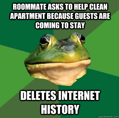 roommate asks to help clean apartment because guests are coming to stay deletes internet history  Foul Bachelor Frog