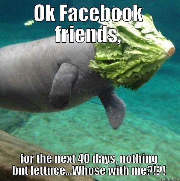 OK FACEBOOK FRIENDS, FOR THE NEXT 40 DAYS, NOTHING BUT LETTUCE...WHOSE WITH ME?!?! Misc