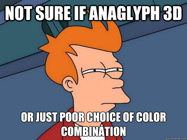 Not sure if anaglyph 3d or just poor choice of color combination  Futurama Fry