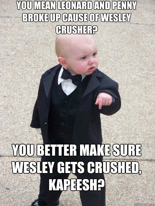 You mean Leonard and Penny Broke up cause of Wesley Crusher? You better make sure Wesley gets Crushed, kapeesh?  Baby Godfather