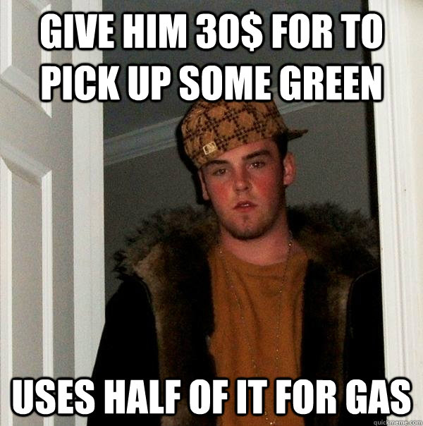 give him 30$ for to pick up some green uses half of it for gas   Scumbag Steve