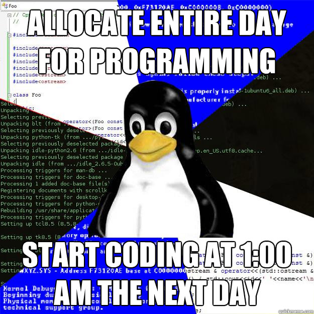 allocate entire day for programming Start Coding at 1:00 AM The next day  Computer Science Penguin