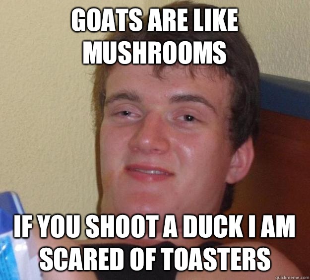 Goats are like mushrooms If you shoot a duck I am scared of toasters - Goats are like mushrooms If you shoot a duck I am scared of toasters  10 Guy