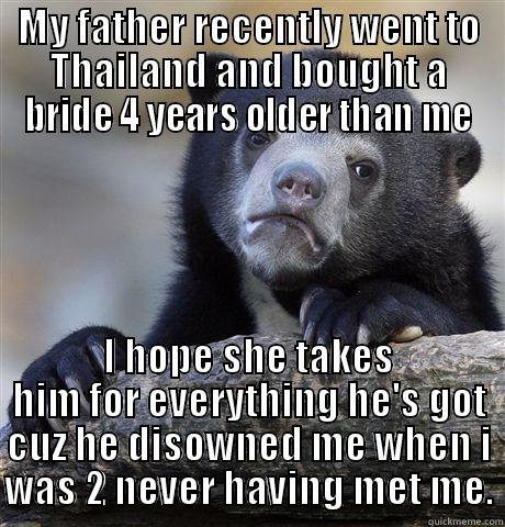 Happy Fathers day - MY FATHER RECENTLY WENT TO THAILAND AND BOUGHT A BRIDE 4 YEARS OLDER THAN ME I HOPE SHE TAKES HIM FOR EVERYTHING HE'S GOT CUZ HE DISOWNED ME WHEN I WAS 2 NEVER HAVING MET ME. Confession Bear