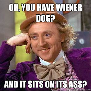 Oh, you have wiener dog? And it sits on its ass?   Creepy Wonka