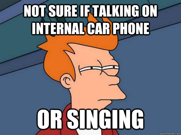 Not sure if talking on internal car phone Or singing  Futurama Fry