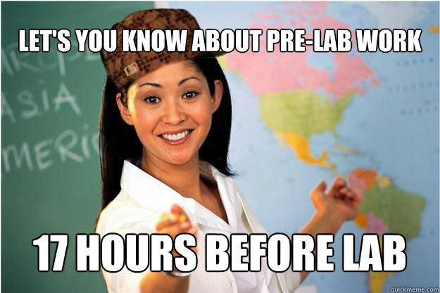 Let's you know about pre-lab work  17 hours before lab  Scumbag Teacher