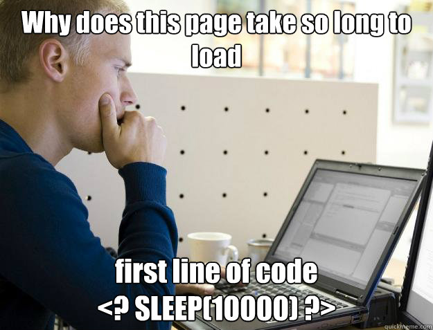 Why does this page take so long to load first line of code 
<? SLEEP(10000) ?> - Why does this page take so long to load first line of code 
<? SLEEP(10000) ?>  Programmer