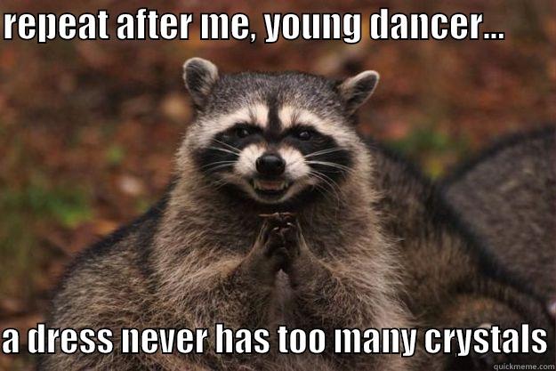 REPEAT AFTER ME, YOUNG DANCER...         A DRESS NEVER HAS TOO MANY CRYSTALS Evil Plotting Raccoon