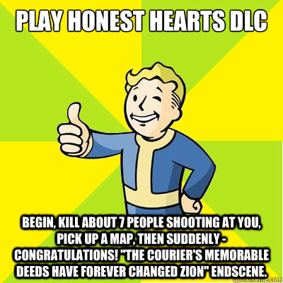 Play Honest Hearts DLC Begin, kill about 7 people shooting at you, pick up a map, then suddenly - congratulations! 