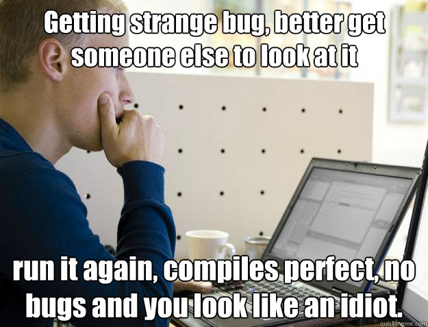 Getting strange bug, better get someone else to look at it run it again, compiles perfect, no bugs and you look like an idiot. - Getting strange bug, better get someone else to look at it run it again, compiles perfect, no bugs and you look like an idiot.  Programmer