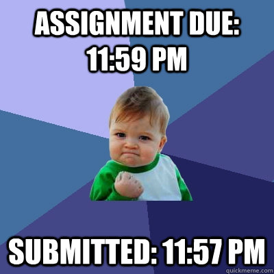 Assignment Due: 11:59 pm Submitted: 11:57 pm  Success Kid