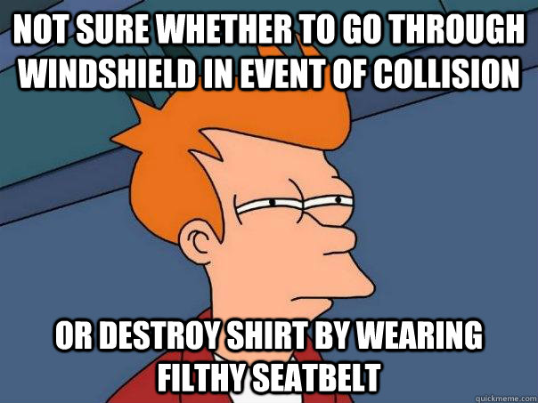 Not sure whether to go through windshield in event of collision oR DeStroY sHIrt By WearINg FiltHY sEatBELt - Not sure whether to go through windshield in event of collision oR DeStroY sHIrt By WearINg FiltHY sEatBELt  Futurama Fry