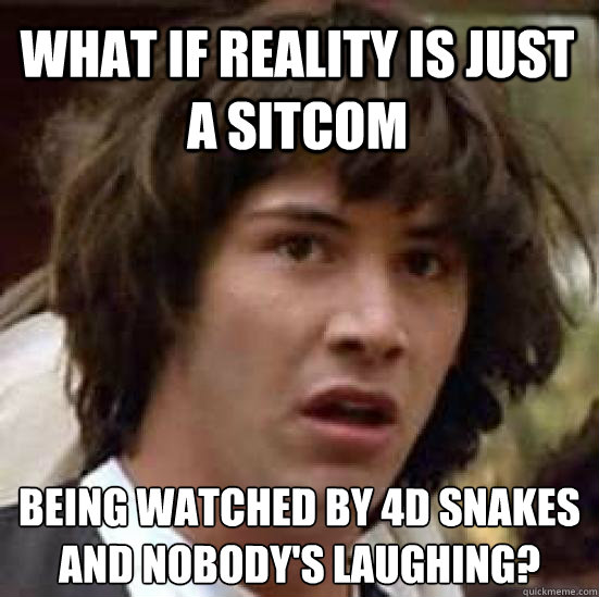 What if reality is just a sitcom Being watched by 4D snakes
And nobody's laughing? - What if reality is just a sitcom Being watched by 4D snakes
And nobody's laughing?  conspiracy keanu