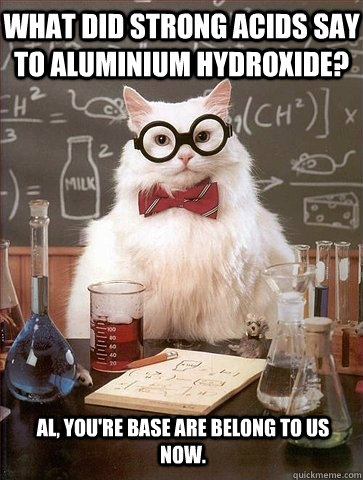 What did strong acids say to aluminium hydroxide? Al, you're base are belong to us now.  Chemistry Cat