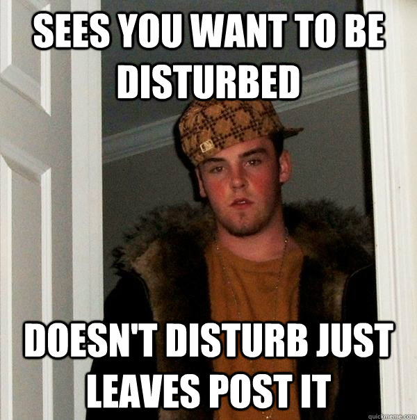 Sees you want to be disturbed doesn't disturb just leaves post it  Scumbag Steve