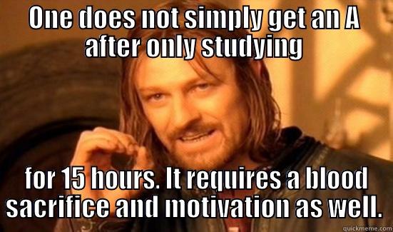 ONE DOES NOT SIMPLY GET AN A AFTER ONLY STUDYING  FOR 15 HOURS. IT REQUIRES A BLOOD SACRIFICE AND MOTIVATION AS WELL. Boromir