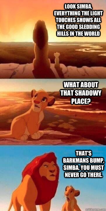 look simba, everything the light touches shows all the good sledding hills in the world what about that shadowy place? that's Barkmans Bump, Simba. You must never go there.  SIMBA