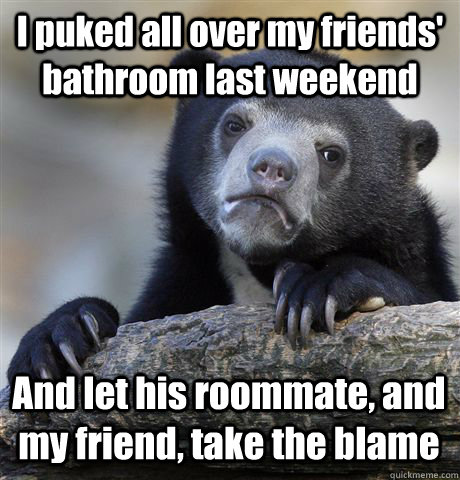 I puked all over my friends' bathroom last weekend And let his roommate, and my friend, take the blame  Confession Bear