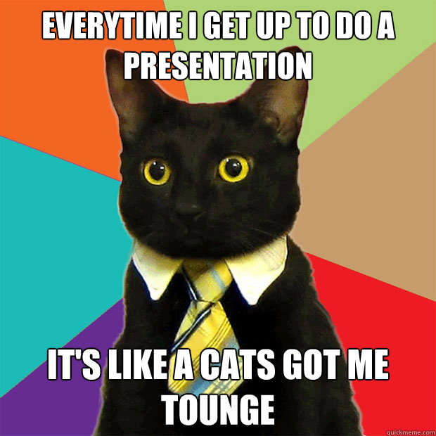 Everytime I get up to do a presentation it's like a cats got me tounge  Business Cat