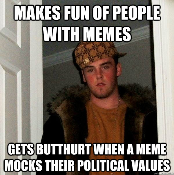 Makes fun of people with memes Gets butthurt when a meme mocks their political values  Scumbag Steve