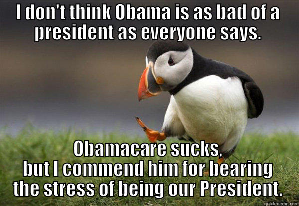 I DON'T THINK OBAMA IS AS BAD OF A PRESIDENT AS EVERYONE SAYS. OBAMACARE SUCKS, BUT I COMMEND HIM FOR BEARING THE STRESS OF BEING OUR PRESIDENT. Misc