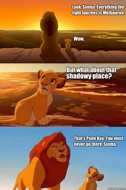 Look, Simba. Everything the light touches is Melbourne. Wow. That's Palm Bay. You must never go there, Simba.  But what about that shadowy place?  Lion King Shadowy Place