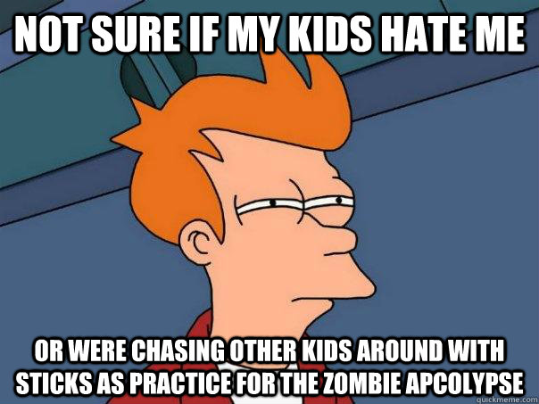 Not sure if my kids hate me or were chasing other kids around with sticks as practice for the zombie apcolypse  Futurama Fry